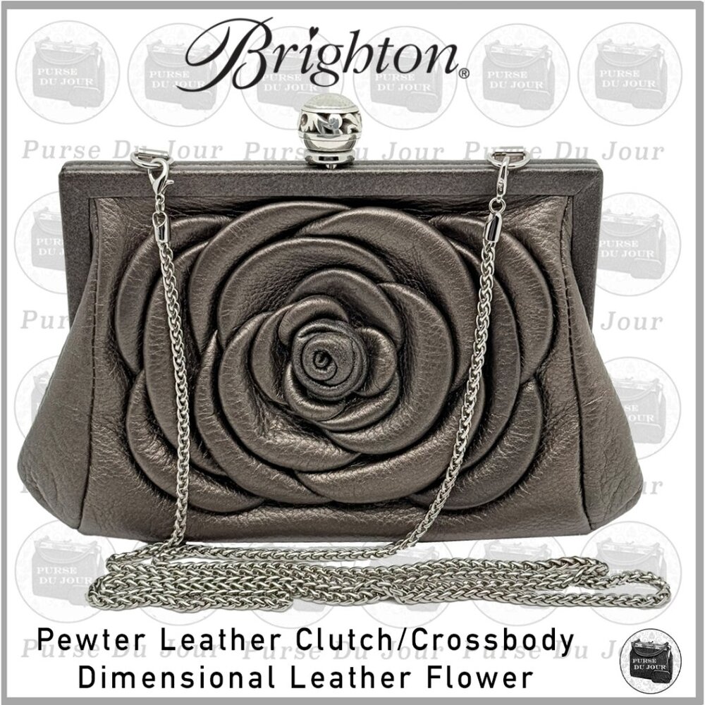 Brighton Pewter Leather Clutch Crossbody Purse Large Dimensional Flower on Front